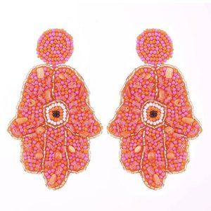 Large Orange Evil Eye Hamsa Beaded Dangle Earrings